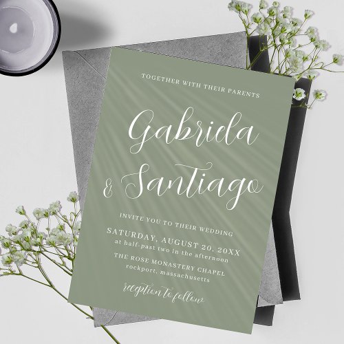 Simple Script Sage Green White Wedding Invitation