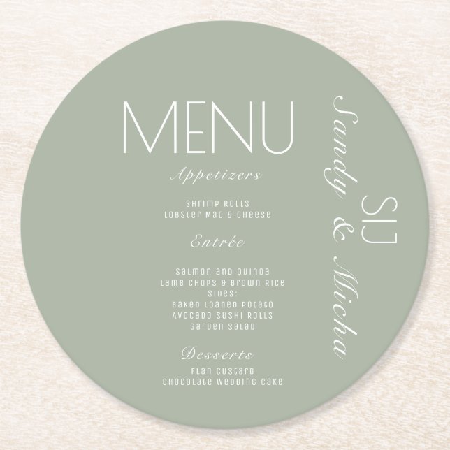 Simple Script Sage Wedding Dinner Menu Round Paper Coaster (Front)