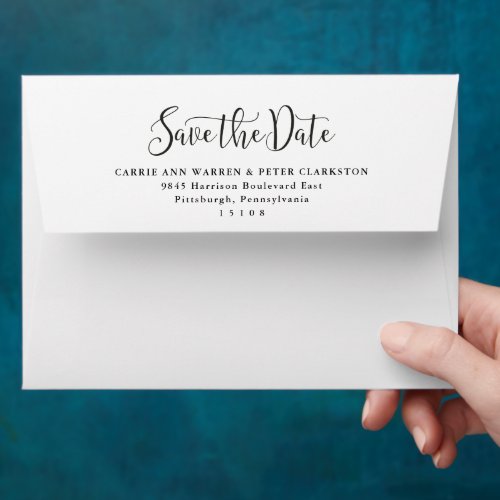 Simple script save the date black and white envelope