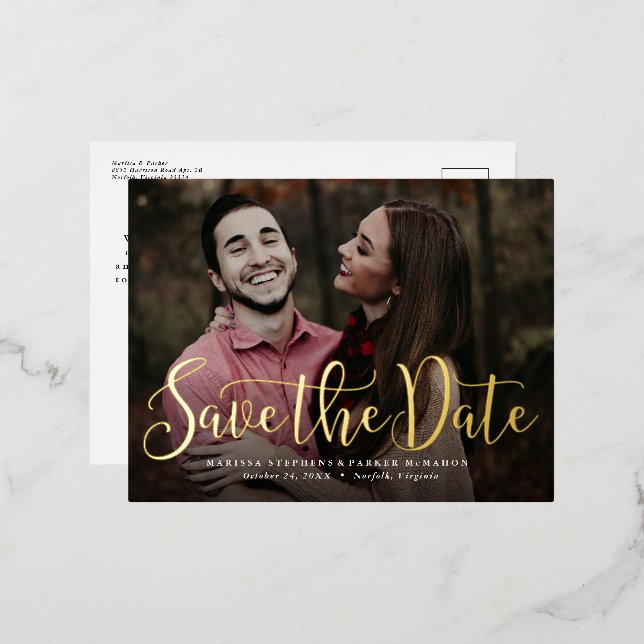 Simple script save the date one photo foil invitation postcard (Front/Back)