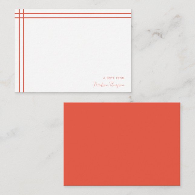 Simple Script Scarlet Orange 2 Side Double Border Note Card (Front/Back)
