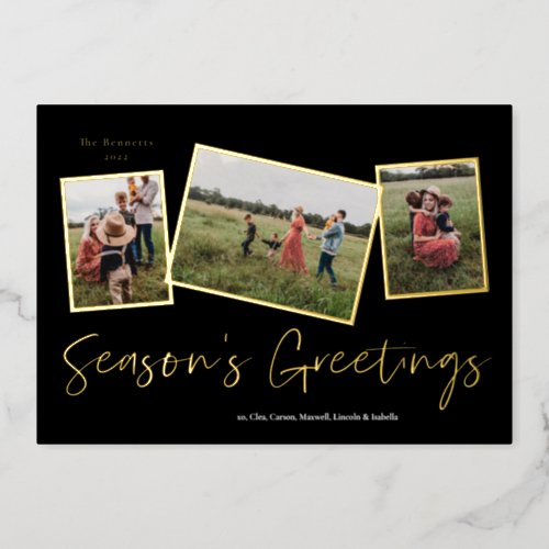 Simple Script  Seasons Greetings 3 Photo Collage  Foil Holiday Card