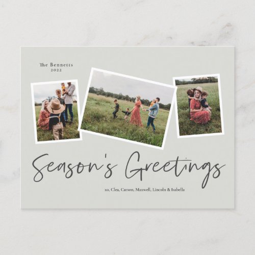 Simple Script  Seasons Greetings 3 Photo Holiday Postcard