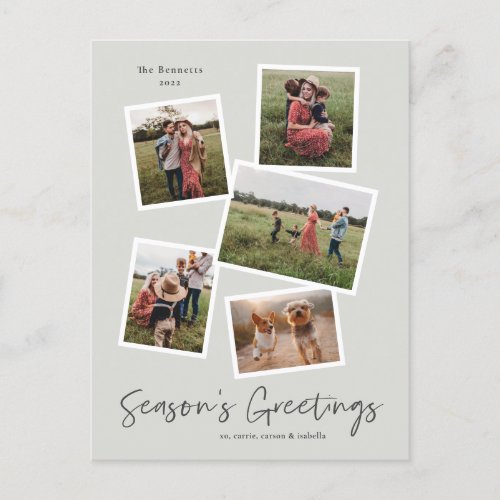 Simple Script Seasons Greetings 5 Photo Collage Holiday Postcard