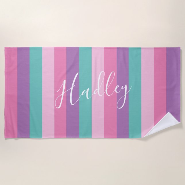 Simple Script Stripe Rainbow Kids Beach Towel (Front)