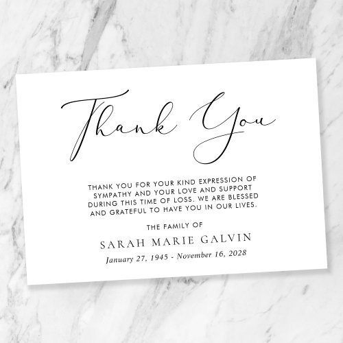 Simple Script Sympathy Funeral Thank You Card