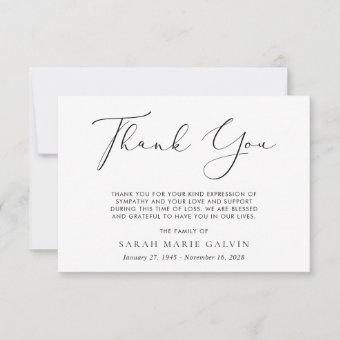 Simple Script Sympathy Funeral Thank You Card | Zazzle