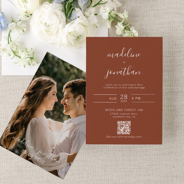 Simple Script Terracotta Photo QR Code Wedding  Invitation (Creator Uploaded)