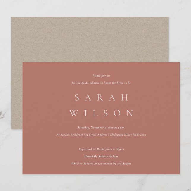 Simple Script Terracotta Rust Bridal Shower Invite (Front/Back)
