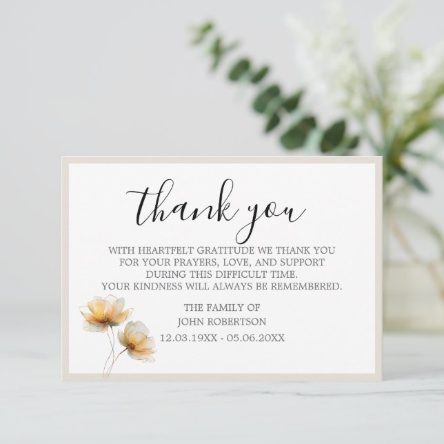 Simple Script Traditional Sympathy Funeral  Thank You Card (Standing Front)