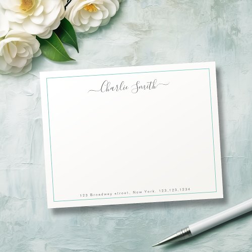 Simple script turquoise border personalized note card