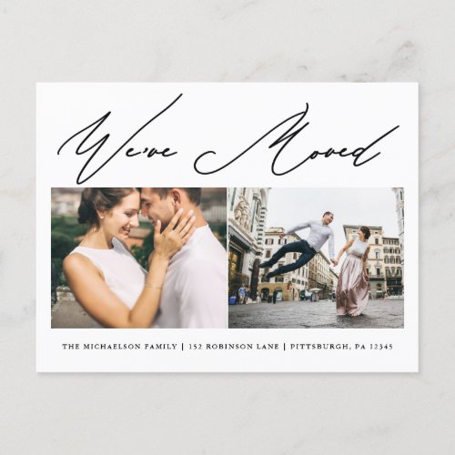 Simple Script Two Photo Modern Change of Address Invitation Postcard