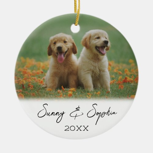 Simple Script Two Puppy Dog Photo Ceramic Ornament