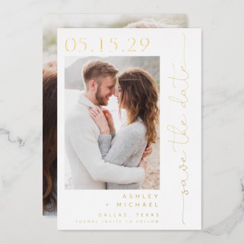 Simple Script Typography 2 Photo Save the Date Foil Invitation