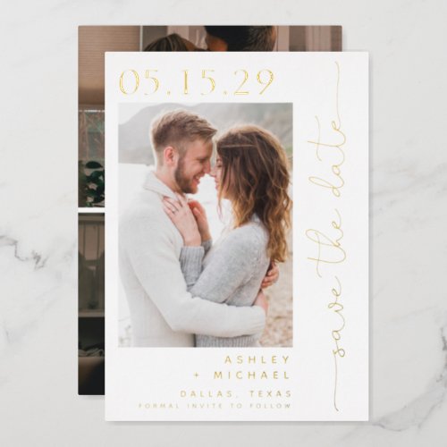 Simple Script Typography 3 Photo Save the Date Foil Invitation