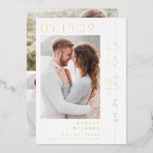 Simple Script Typography 4 Photo Save the Date Foil Invitation