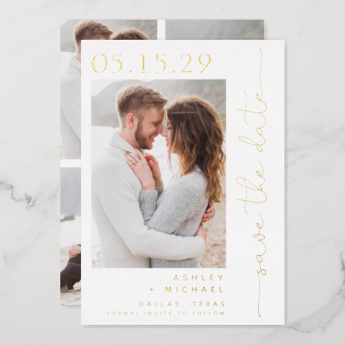 Simple Script Typography 5 Photo Save the Date Foil Invitation