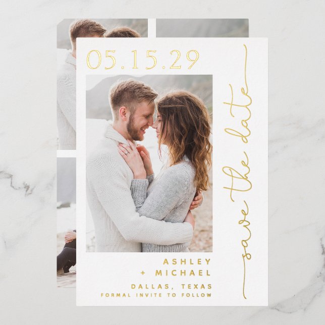 Simple Script Typography 5 Photo Save the Date Foil Invitation (Front/Back)