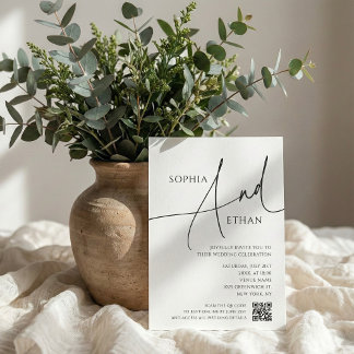 Simple Script Typography QR Code White Wedding Invitation
