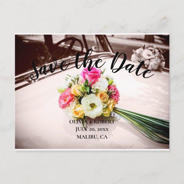 Simple script – vintage car Save the Date Postcard (Front)