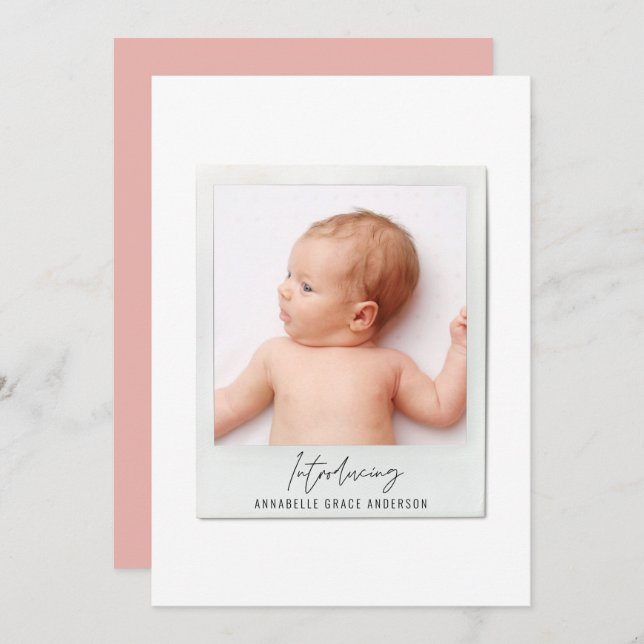 Simple script vintage photo birth announcement (Front/Back)