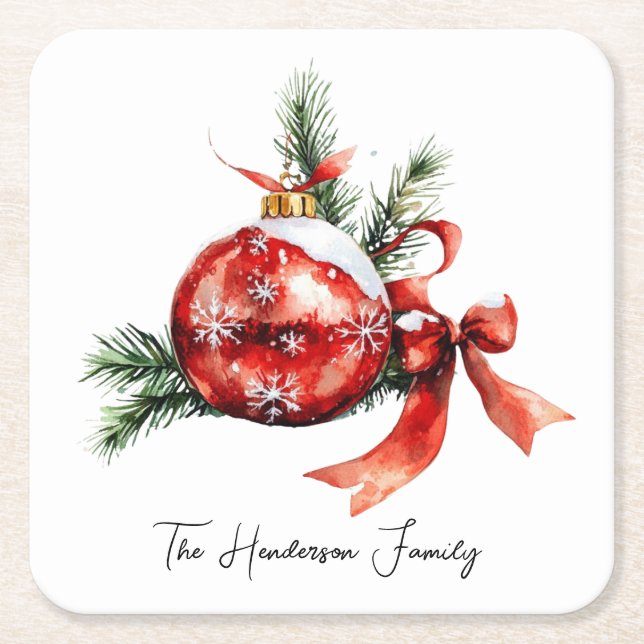 Simple Script Watercolor Christmas Ornament Square Paper Coaster (Front)