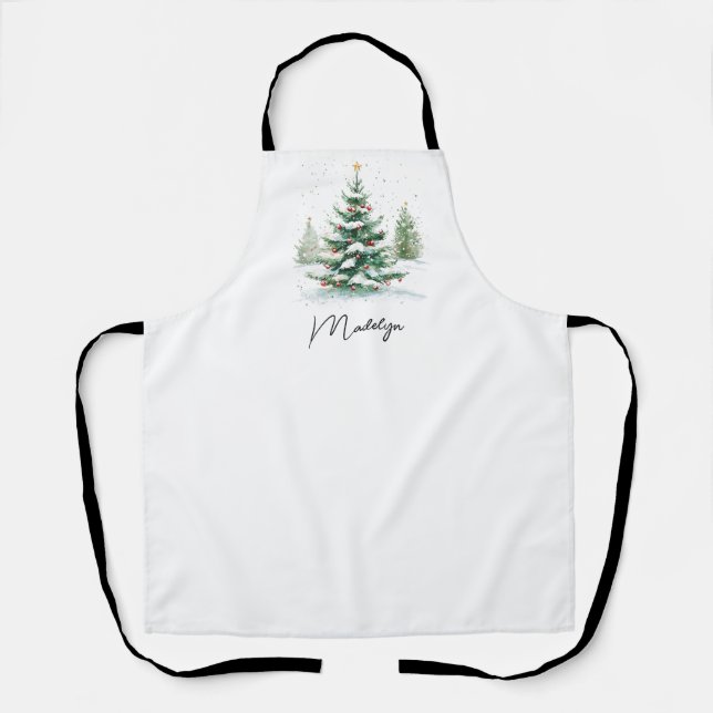 Simple Script Watercolor Christmas Tree Apron (Front)