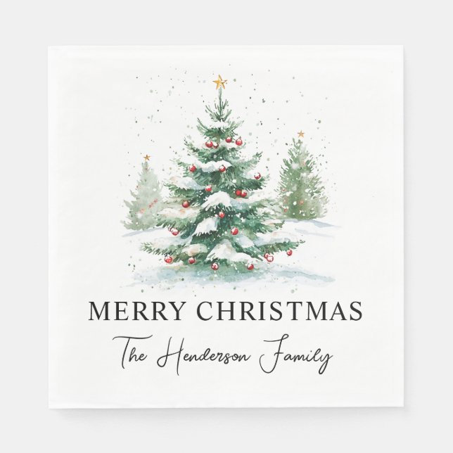 Simple Script Watercolor Christmas Tree Napkins (Front)