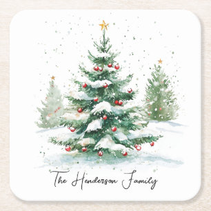 Simple Script Watercolor Christmas Tree Square Paper Coaster