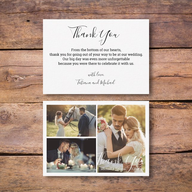 simple script wedding 3 photos collage thank you note card (Creator Uploaded)
