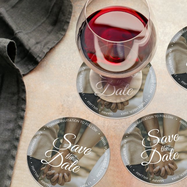 Simple script wedding photo save the date elegant round paper coaster (Creator Uploaded)