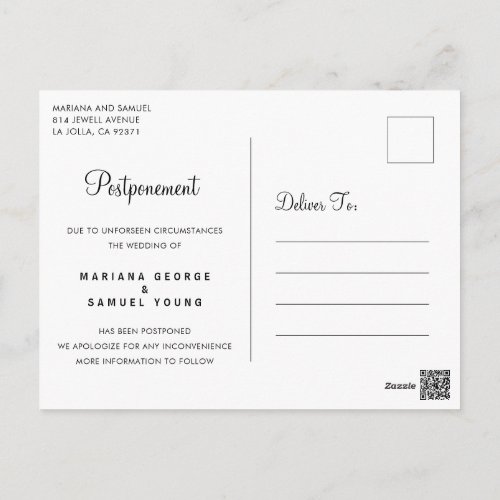 Simple Script Wedding Postponement Announcement Postcard