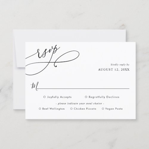 Simple Script Wedding Rsvp with Meal Options Card - Designed to coordinate with our Romantic Script wedding collection, this customizable Meal Options RSVP card, features a sweeping calligraphy script text paired with a classy serif & modern sans font in black and with a dewy blush back. Matching items available.