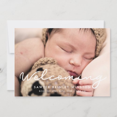 Simple script Welcoming baby photo birth Announcement