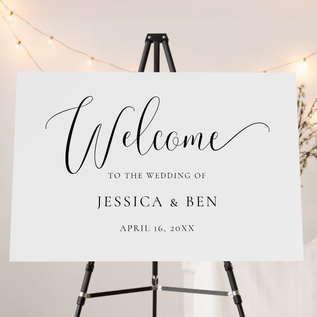 Simple Script White Black Wedding Welcome Sign (In Situ (Stand))