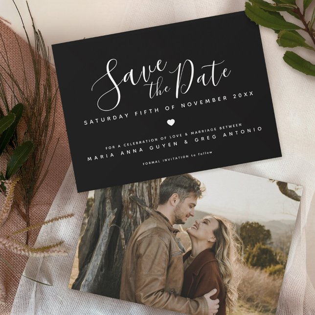 Simple script white heart black photo wedding save the date (Creator Uploaded)