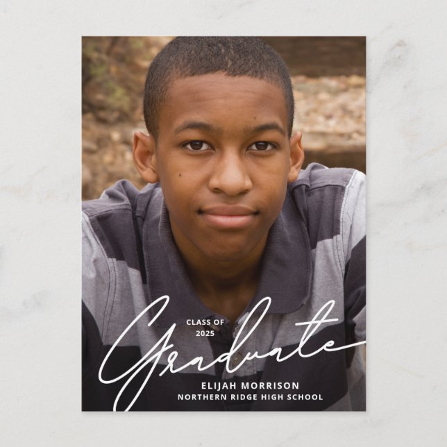 Simple Script White Overlay Photo Graduation Postcard (Front)