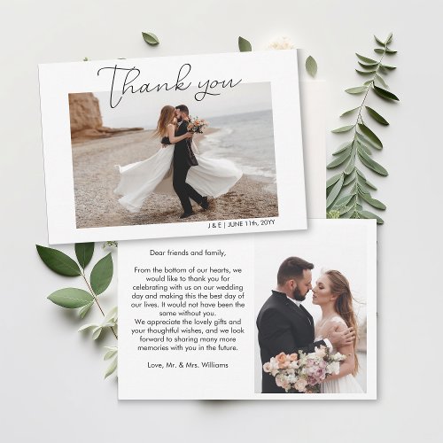 Simple Script White Wedding Photo Thank You Card