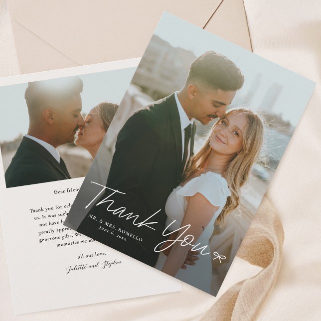 Simple Script with Bow Photo Wedding Thank You Card (Handwritten Wedding Photo Thank You cards with bow.)