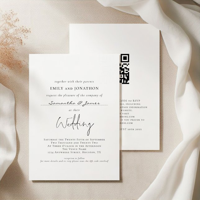 Simple Script With Guest Names QR Code Wedding Invitation (Front and back view)