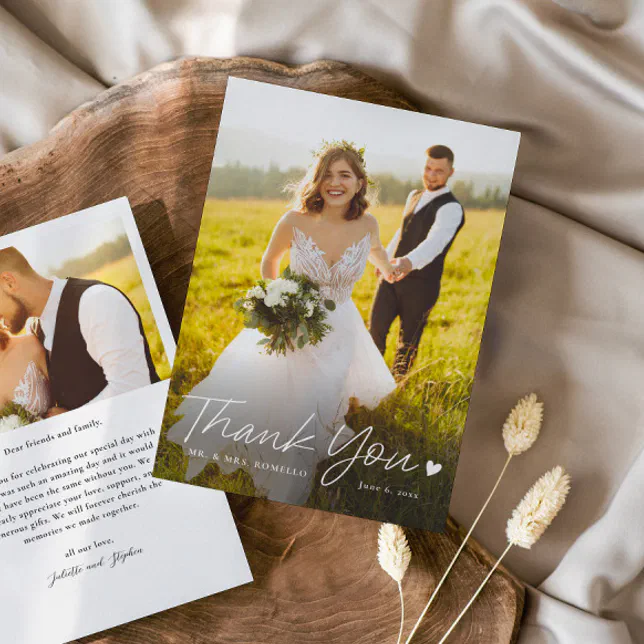 Simple Script with Heart Photo Wedding Thank You Card | Zazzle
