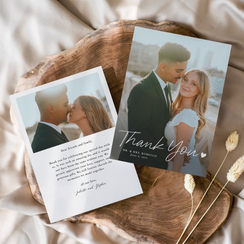 Simple Script with Heart Photo Wedding Thank You Card