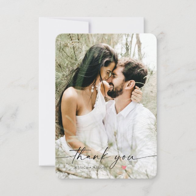 Simple Script with Heart Wedding Photo Thank You Card (Front)