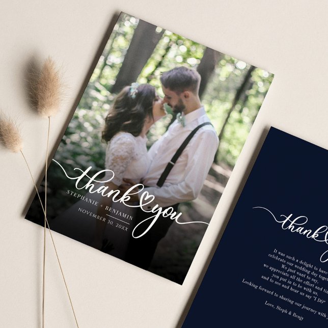 Simple Script with Heart Wedding Photo Thank You Note Card (Creator Uploaded)