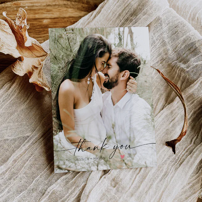 Simple Script with Heart Wedding Photo Thank You Postcard | Zazzle