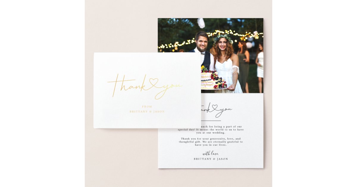 Simple Script with Heart Wedding Thank You Photo Foil Card | Zazzle