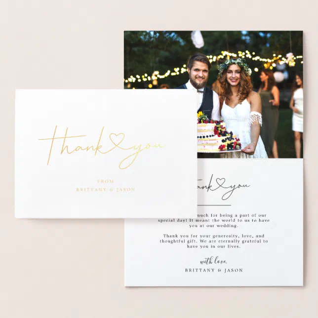 Simple Script with Heart Wedding Thank You Photo Foil Card | Zazzle