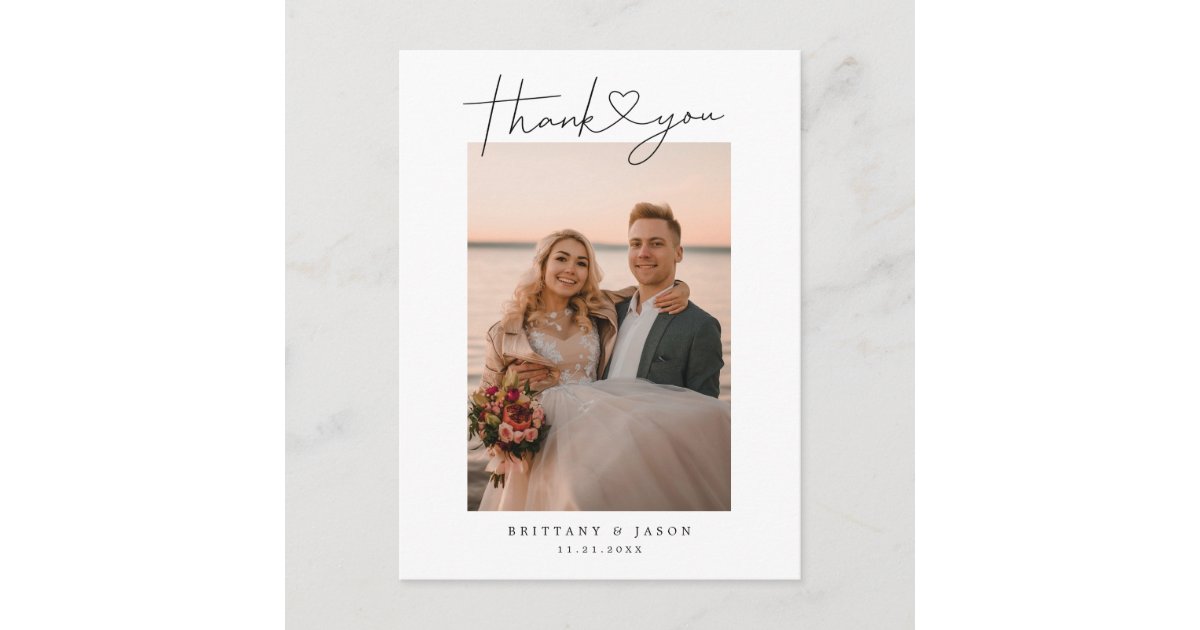 Simple Script with Heart Wedding Thank You Photo Postcard | Zazzle