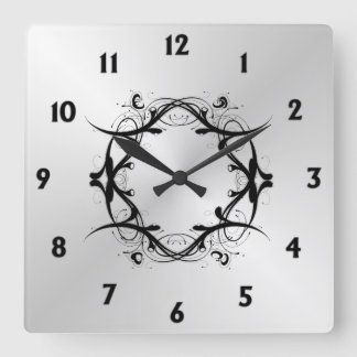 Simple Scroll Silver Face Black Numbers Square Wall Clock