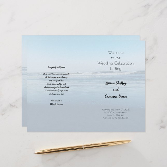 Simple Seacoast Ceremony Folded Wedding Program (Front/Back In Situ)